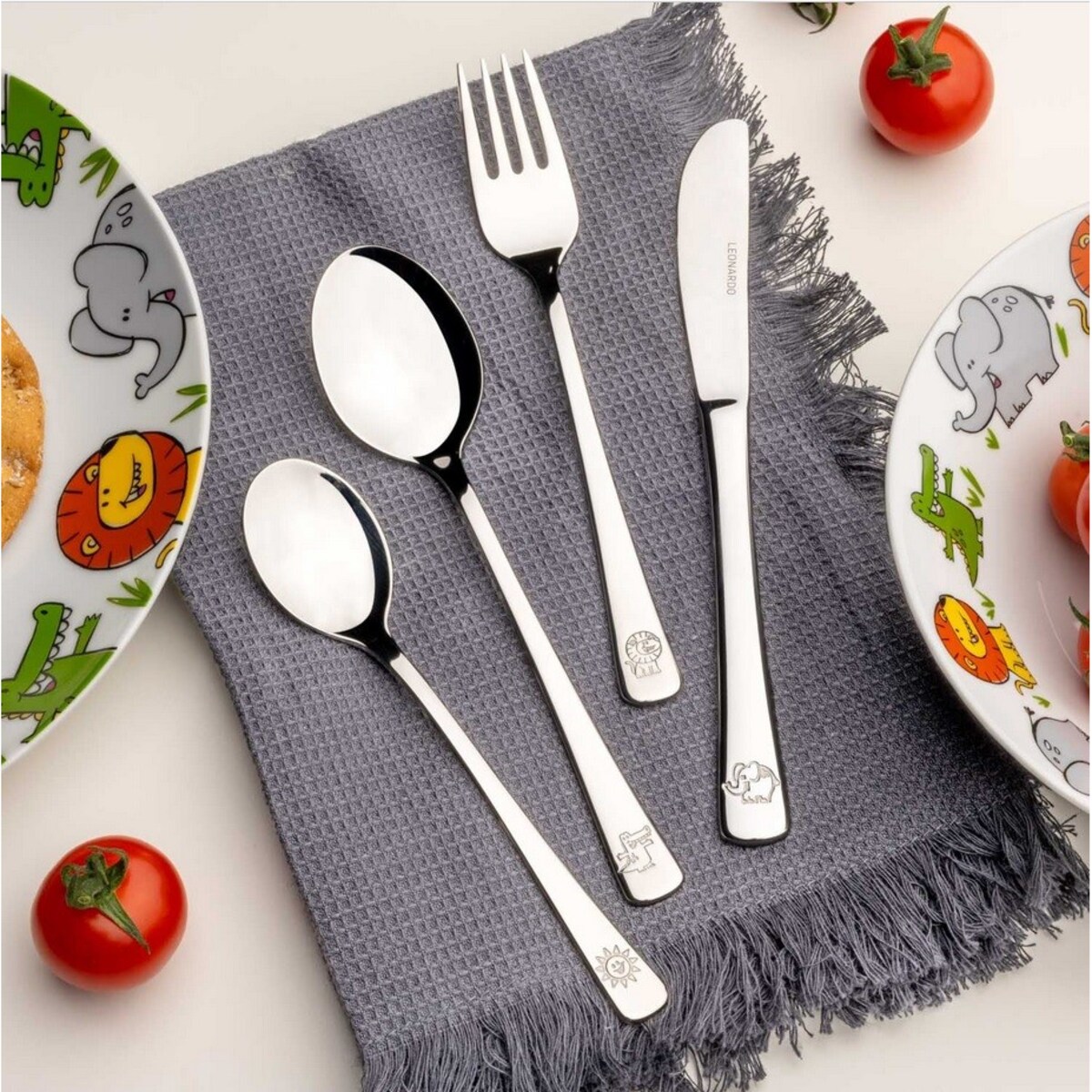 Zestaw 4cz sztućców dla dzieci krokodyl,lew,słoń BAMBINI - Leonardo