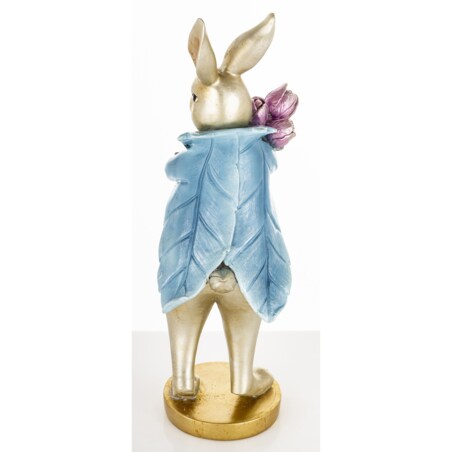 Dekoracja - królik z bukietem tulipanów 31x10x11 cm w niebieskim płaszczu