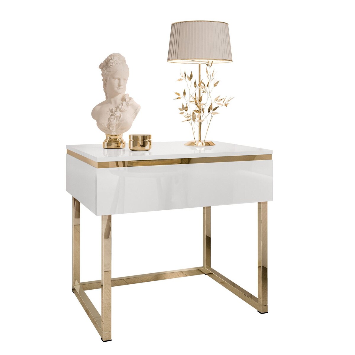 Stolik nocny AURORA na złotym stelażu biały połysk