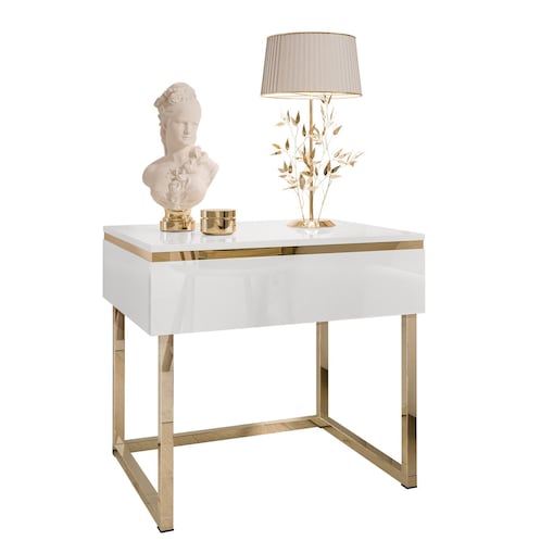 Stolik nocny AURORA na złotym stelażu biały połysk