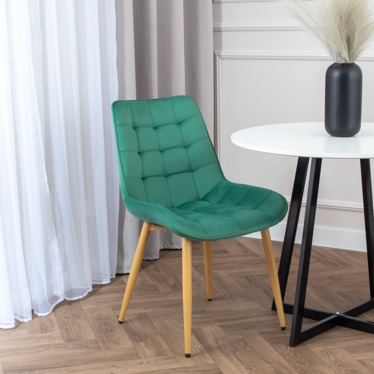 Krzesło tapicerowane do salonu jadalni pikowane welurowe zielone