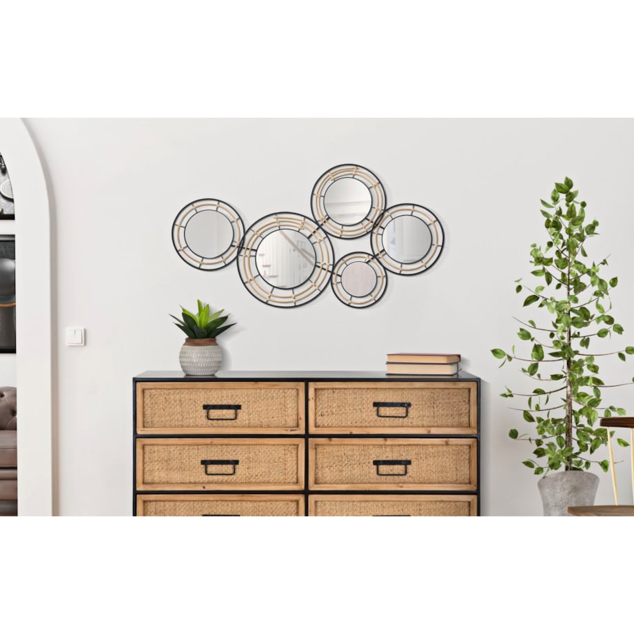 Dekoracja ścienna Mirrors Oporto, kolor czarny i brązowy, żelazo i rattan, 111 x 59 cm, do salonu i przedpokoju, Mauro Ferretti
