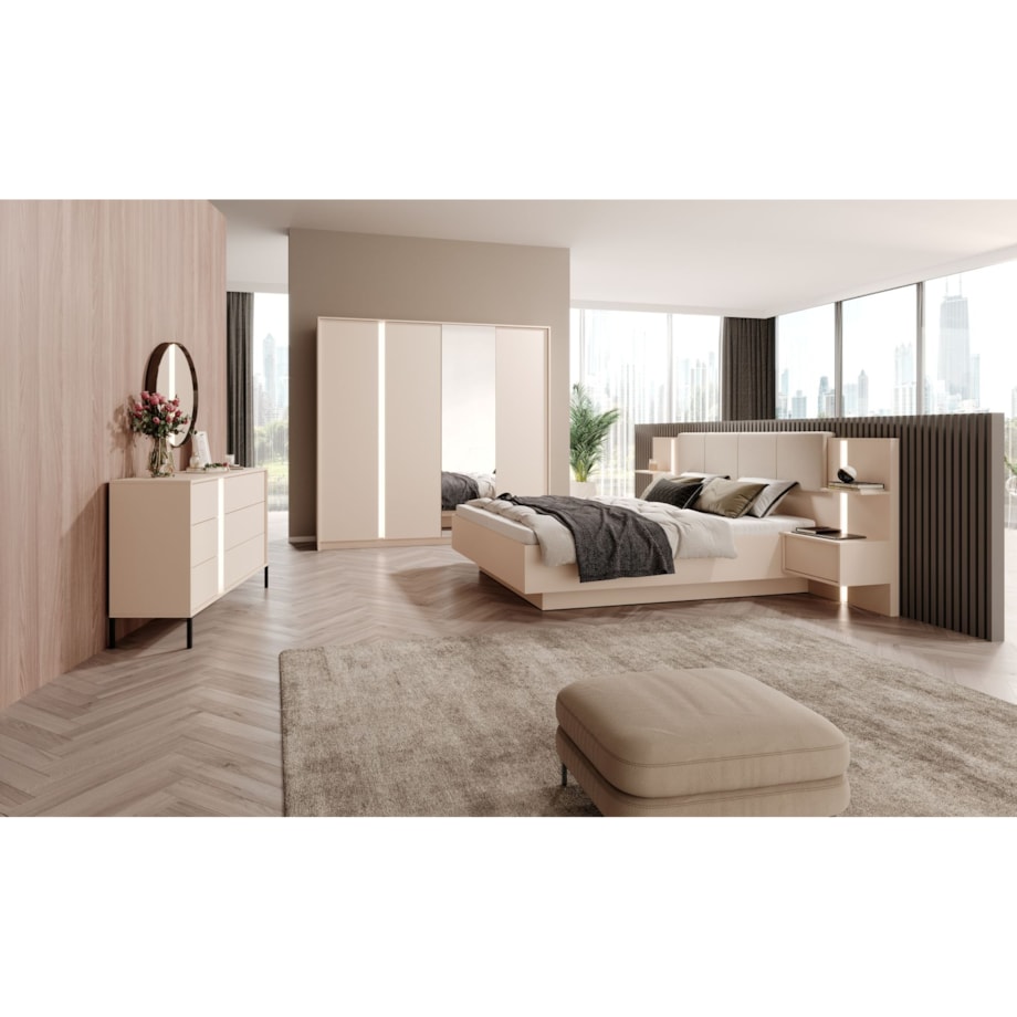 Pojemna Szafa 220 DASTIN z lustrem na drzwiach i oświetleniem LED beżowa