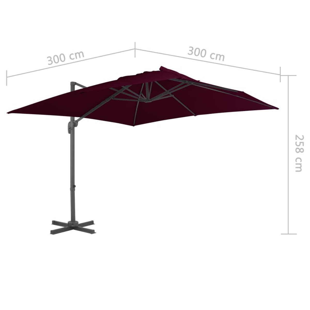 vidaXL Parasol wiszący z aluminiowym słupkiem, 300x300 cm, bordowy
