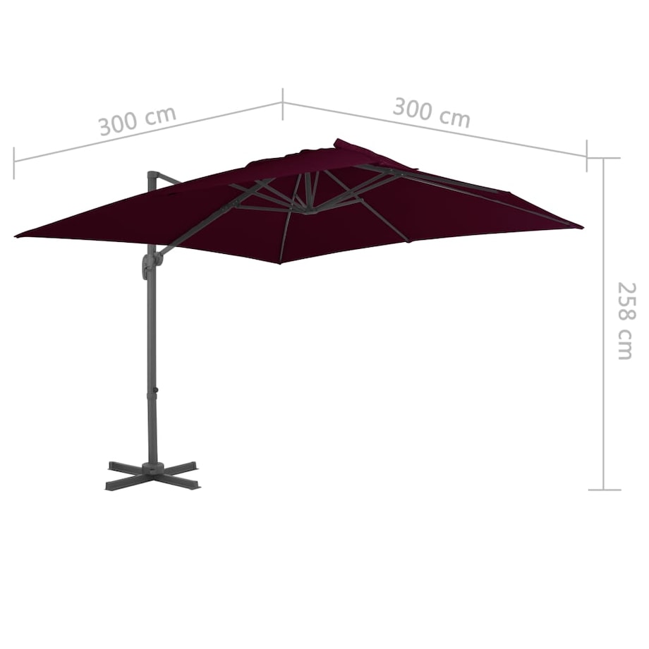 vidaXL Parasol wiszący z aluminiowym słupkiem, 300x300 cm, bordowy