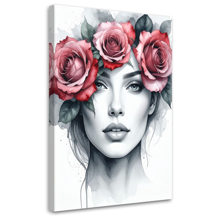 Obraz do salonu sypialni, Portret Kobieta z kwiatami róży na głowie 80x120
