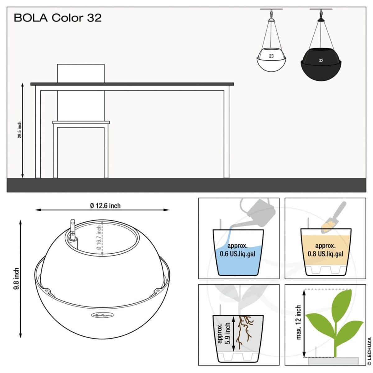 LECHUZA Donica wisząca BOLA Color 32 ALL-IN-ONE, biała