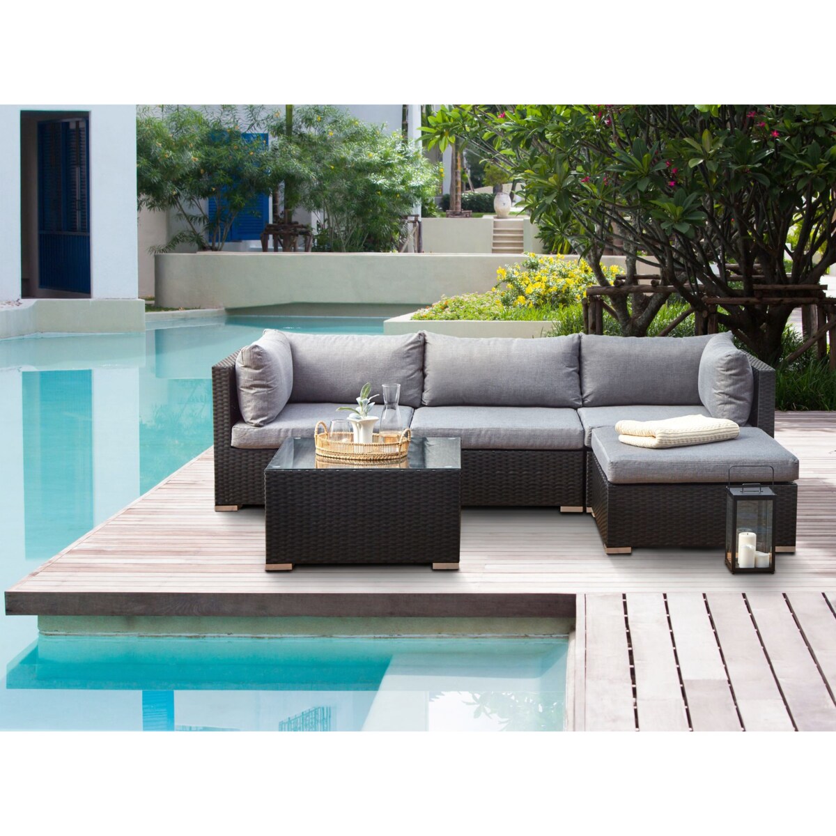 Narożnik ogrodowy ze stolikiem dla 4 osób SANO Lewostronny Technorattan Czarny