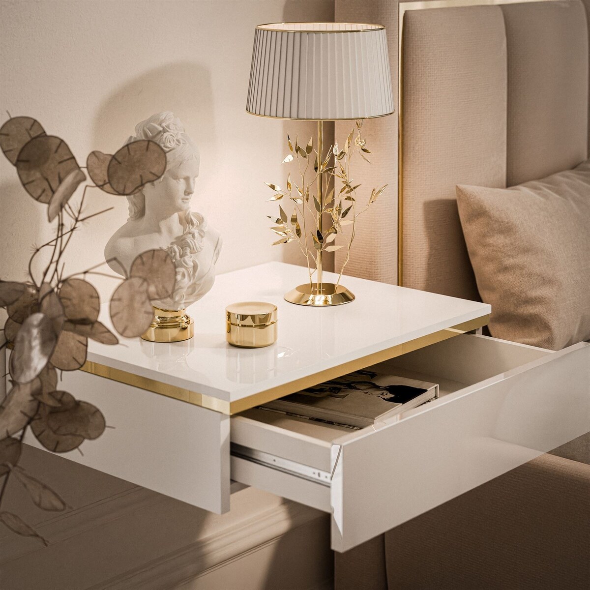 Stolik nocny AURORA wiszący biały połysk