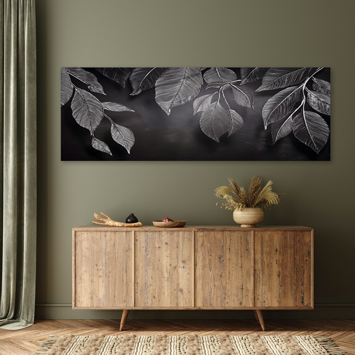Obraz na płótnie do salonu jadalni Minimalistyczne Liście Rośliny Czarno Biały 120x40