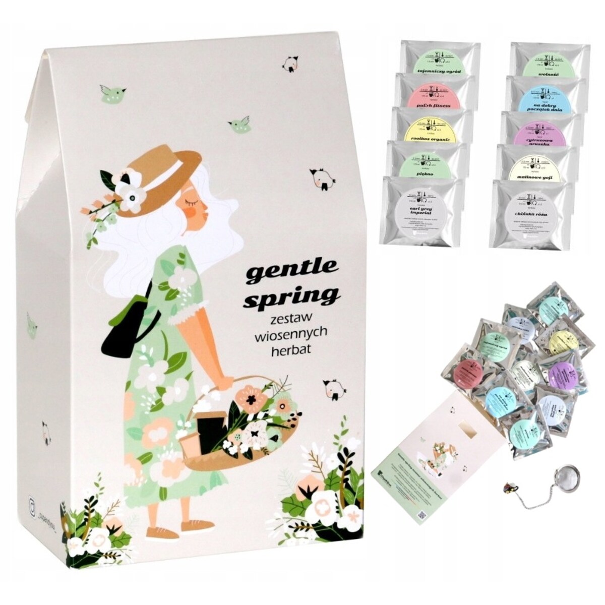 Zestaw 10 wiosennych herbat sypanych z zaparzaczem "GENTLE SPRING" - box prezentowy upominkowy dla kobiety babci mamy koleżanki przyjaciółki