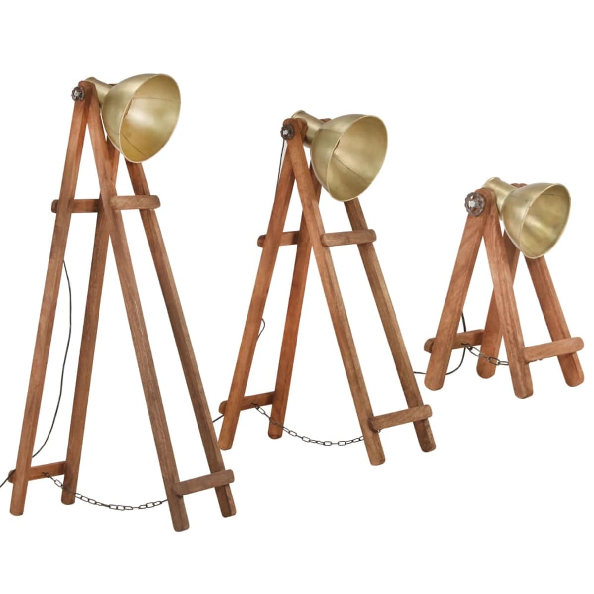 vidaXL Lampy podłogowe, 3 szt., kolor mosiądzu, E27, lite drewno mango