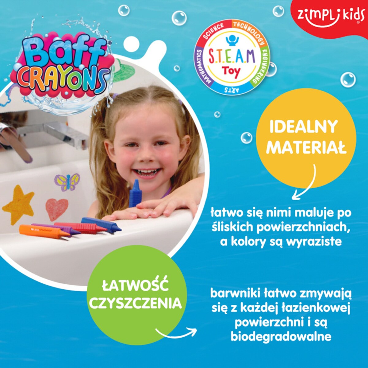 Kredki do kąpieli dla dzieci do malowania wanny 6 kolorów Baff Crayons 3+ Zimpli Kids