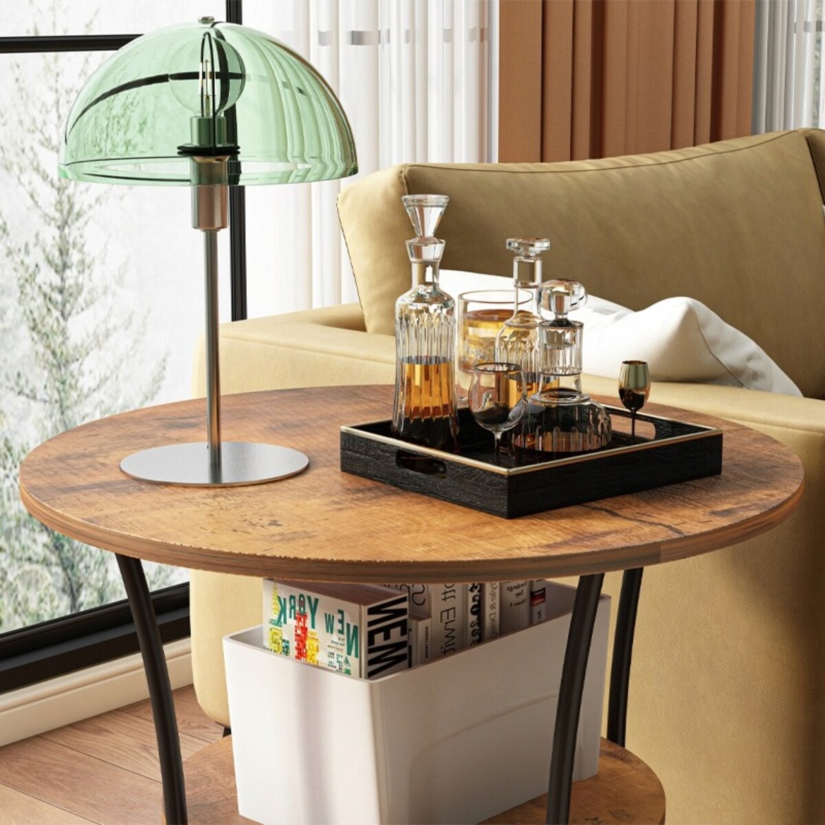 Stolik kawowy industrialny okrągły z półką brąz loft 55 cm