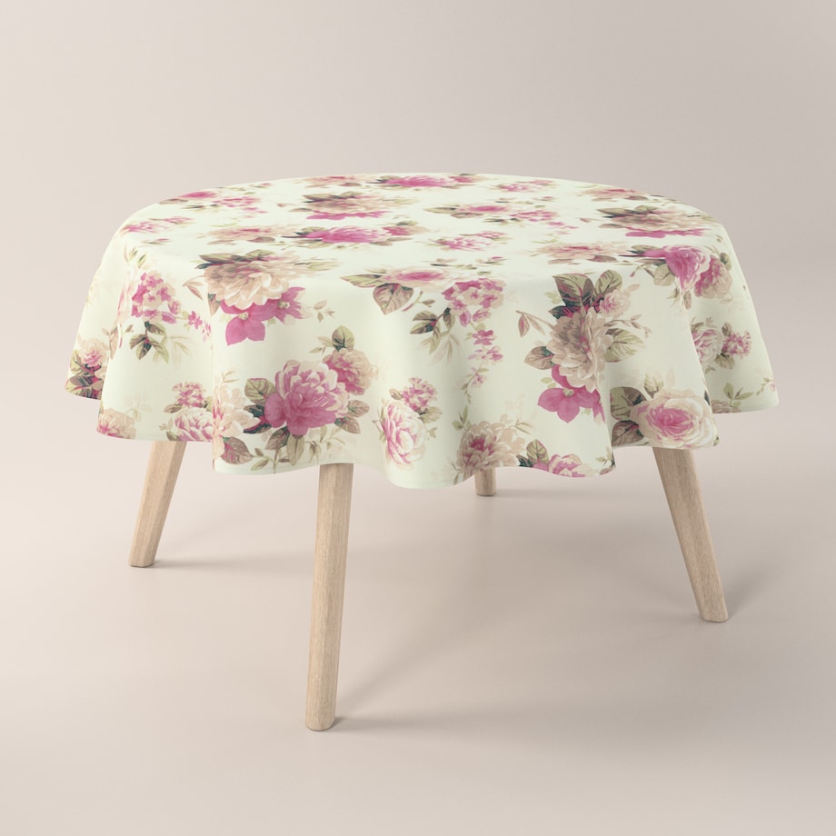 Obrus okrągły 130 x 130 cm różowo-beżowe róże na kremowym tle