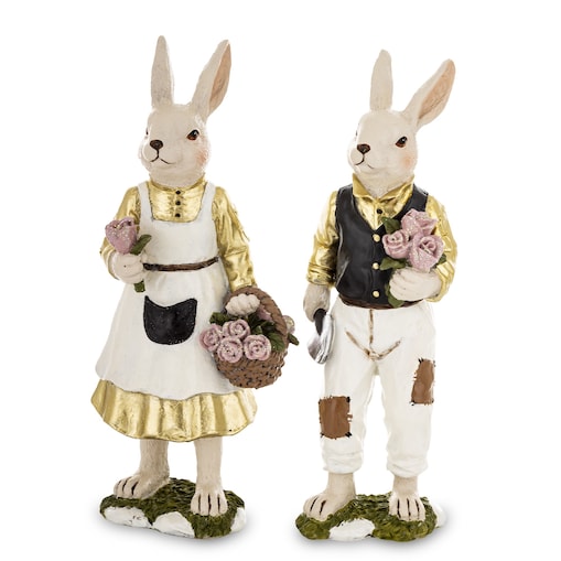 Dekoracja - para królików 21,5x7,5x6 i 22x10x7 cm FRODO z koszem róż