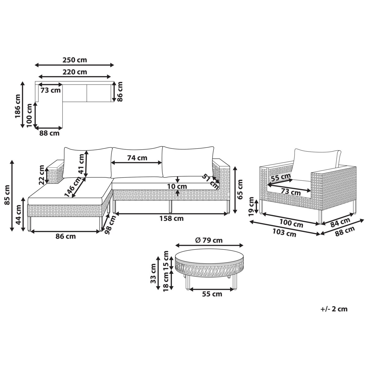 Zestaw ogrodowy ze stolikiem dla 4 osób CALASETTA Prawostronny Technorattan Beżowy