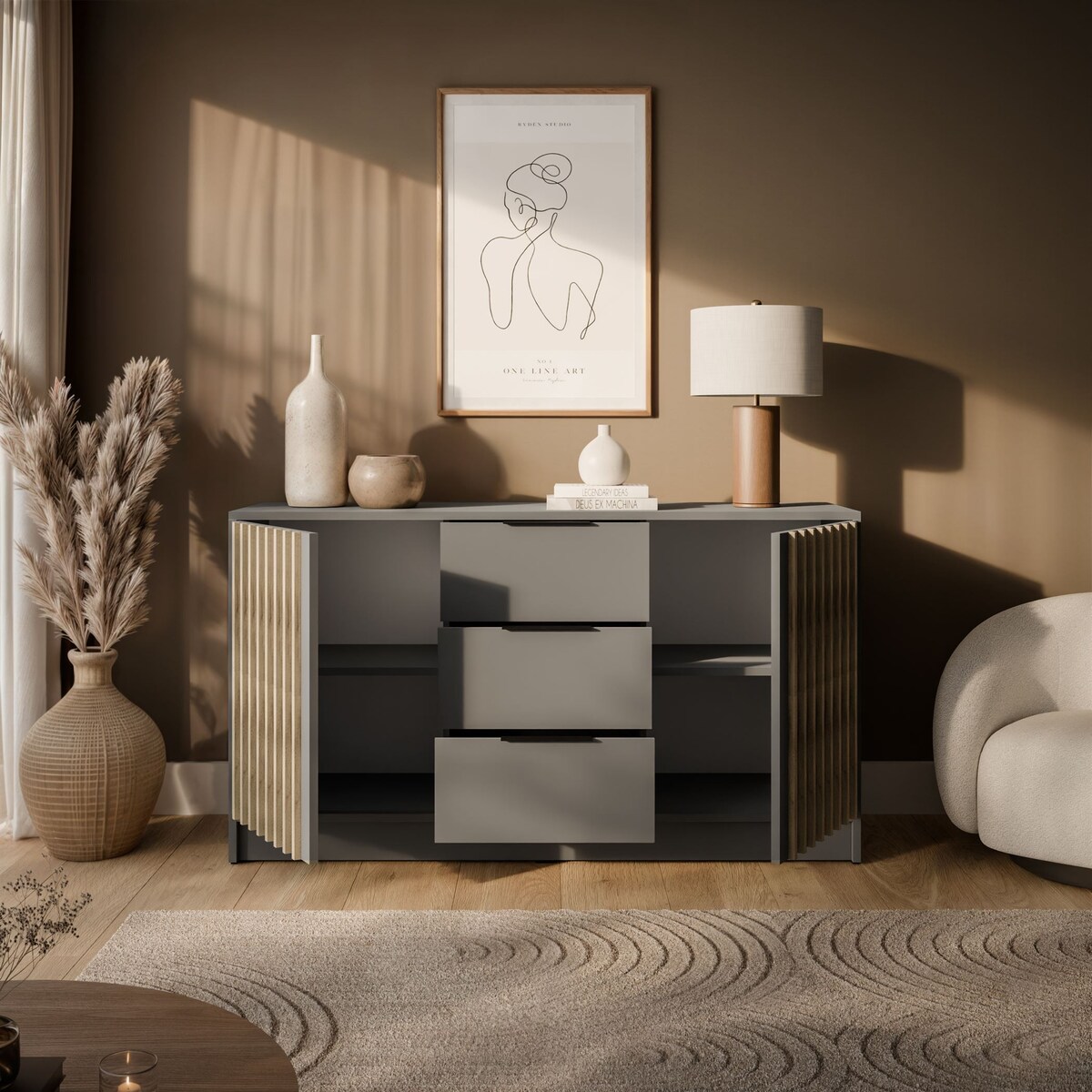 Dwudrzwiowa komoda NELA z lamelami, szary + dab artisan