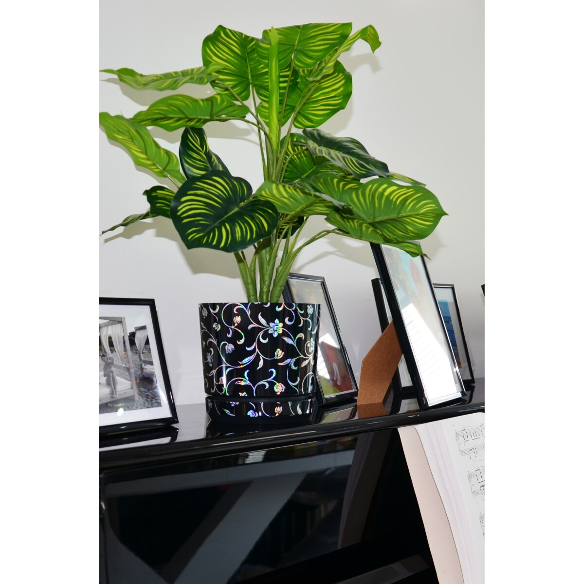 18 cm wzór KWIATY MIENIĄCE Doniczka z podstawką tęczowy efekt holograficzny niezwykła kwiatowa glamour brokatowa