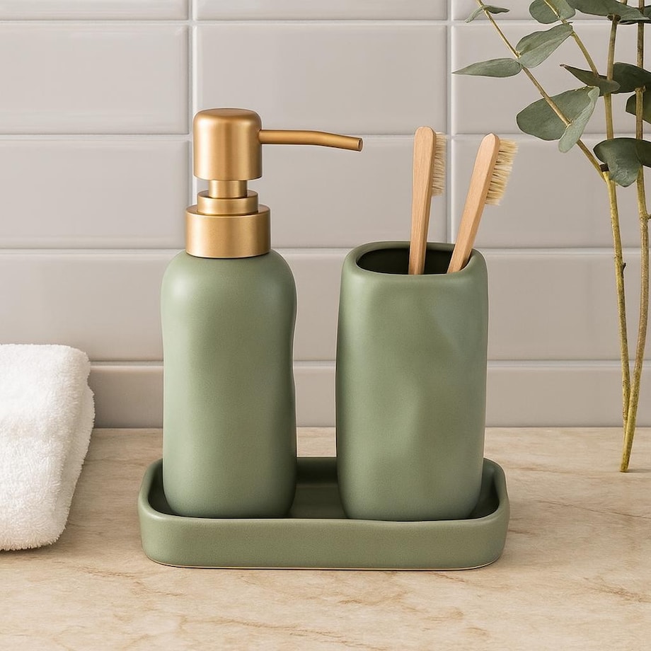 Komplet łazienkowy ze złotą pompką 400 ml 17x14x11 cm FLIKA zielony