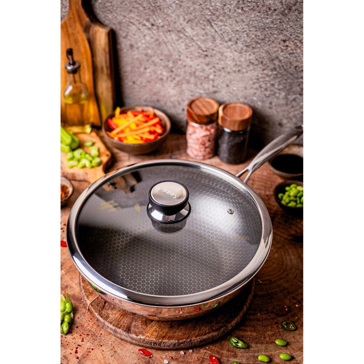 Profesjonalna patelnia ceramiczna Kanso Wok 30 cm z pokrywką Plaster miodu Na indukcje Na gaz Nierdzewna