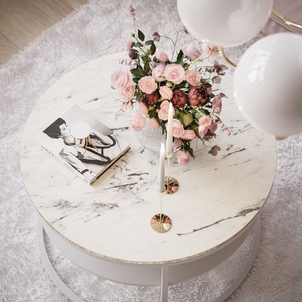 Okrągły stolik kawowy COREIL z półką biały marmur carrara