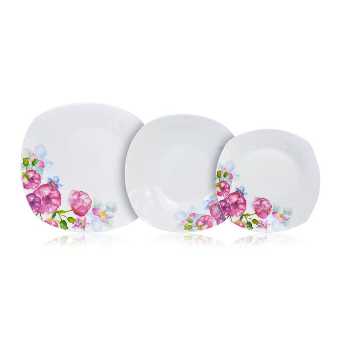 TALERZE OBIADOWE KOMPLET dla 6 osób W KWIATY KWADRATOWE białe serwis