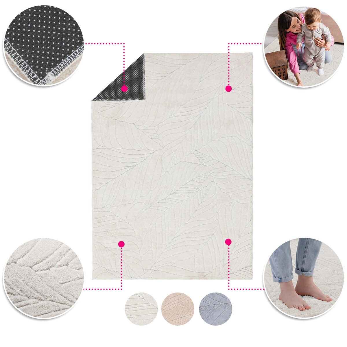 Dywan pluszowy Botanic Liście 80x150 cm e-floor Liście OEKO-TEX kremowy