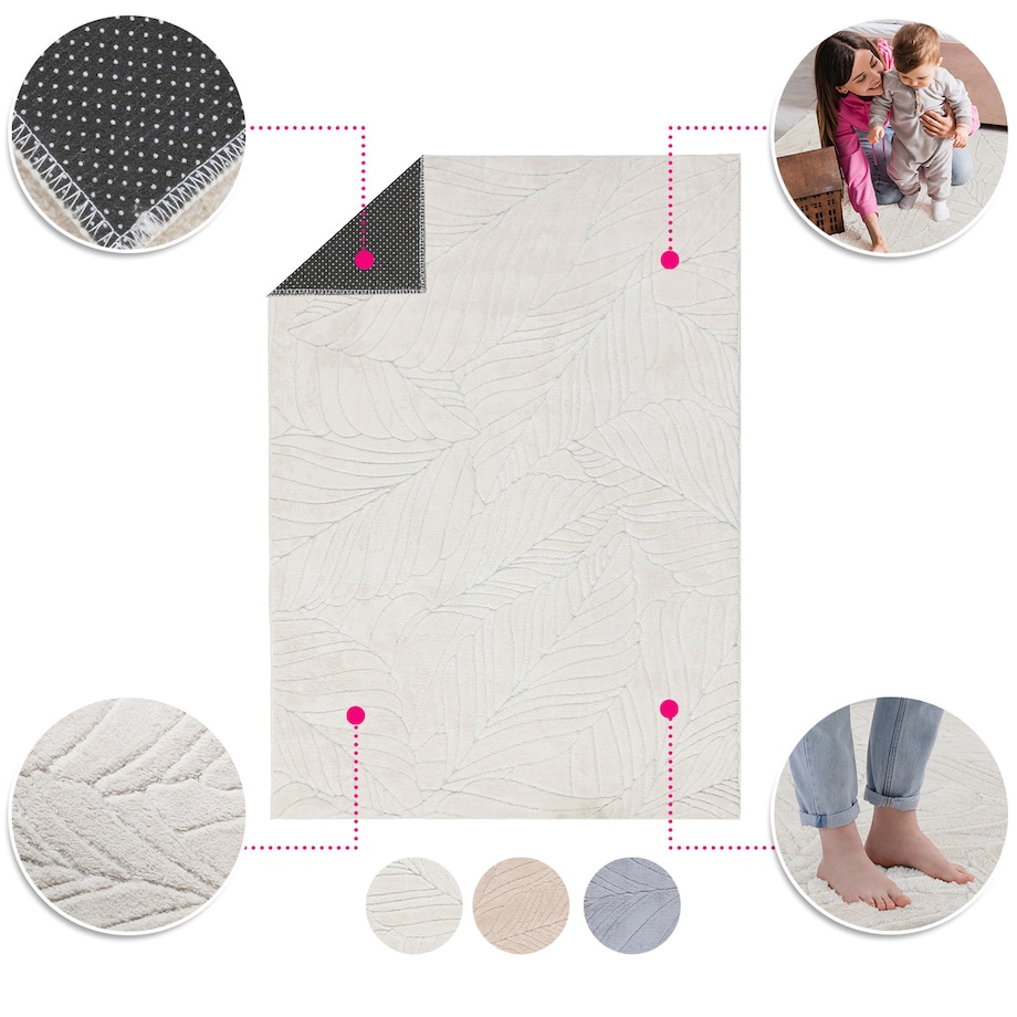 Dywan pluszowy Botanic Liście 80x150 cm e-floor Liście OEKO-TEX kremowy