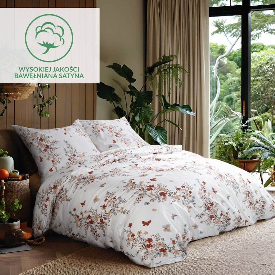 Pościel satyna bawełniana 200x220 Exclusive Ela biała w pomarańczowe kwiatki