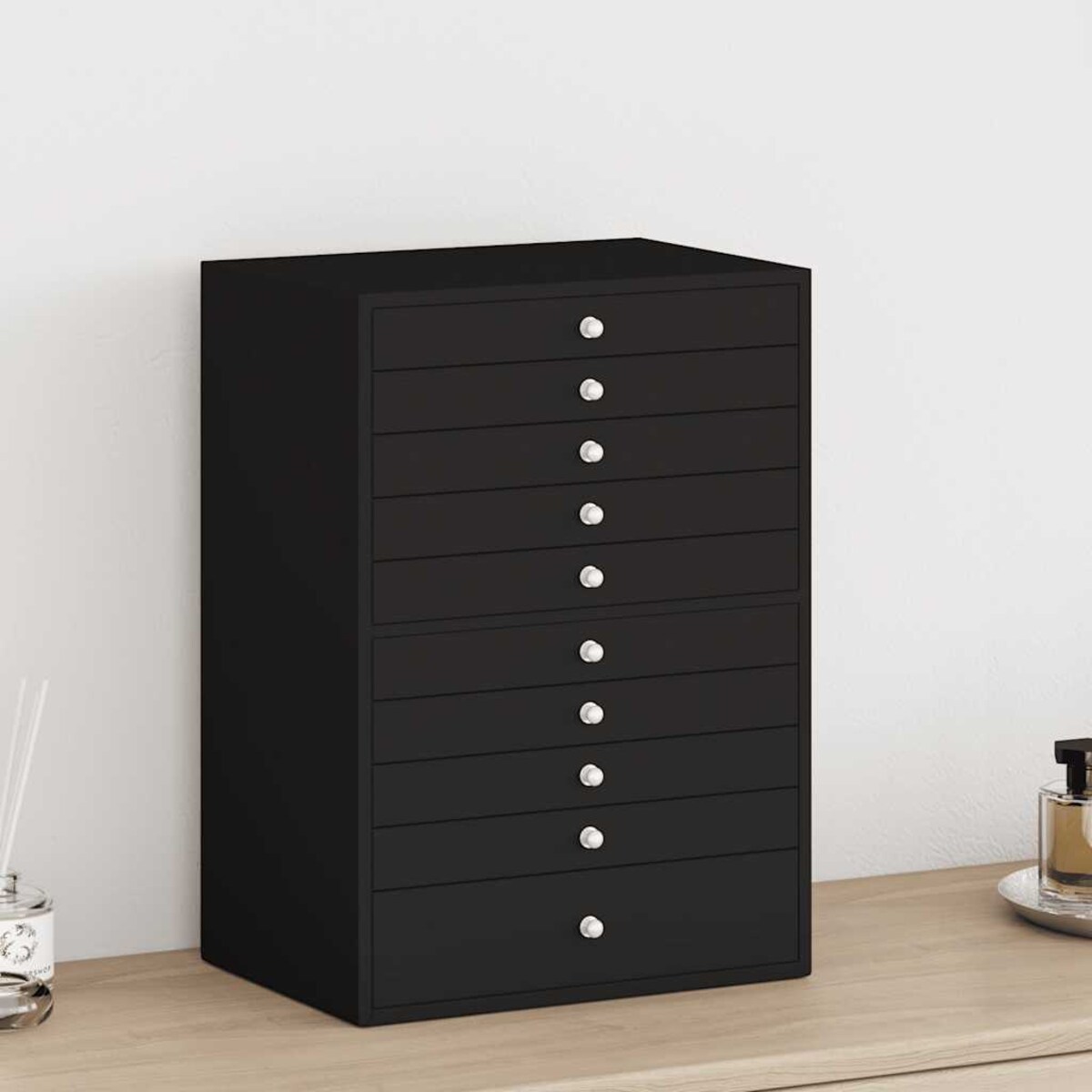 vidaXL Pudełko na biżuterię 10-warstwowe z uchwytami na zegarki, czarne, 29x20,5x40,5 cm