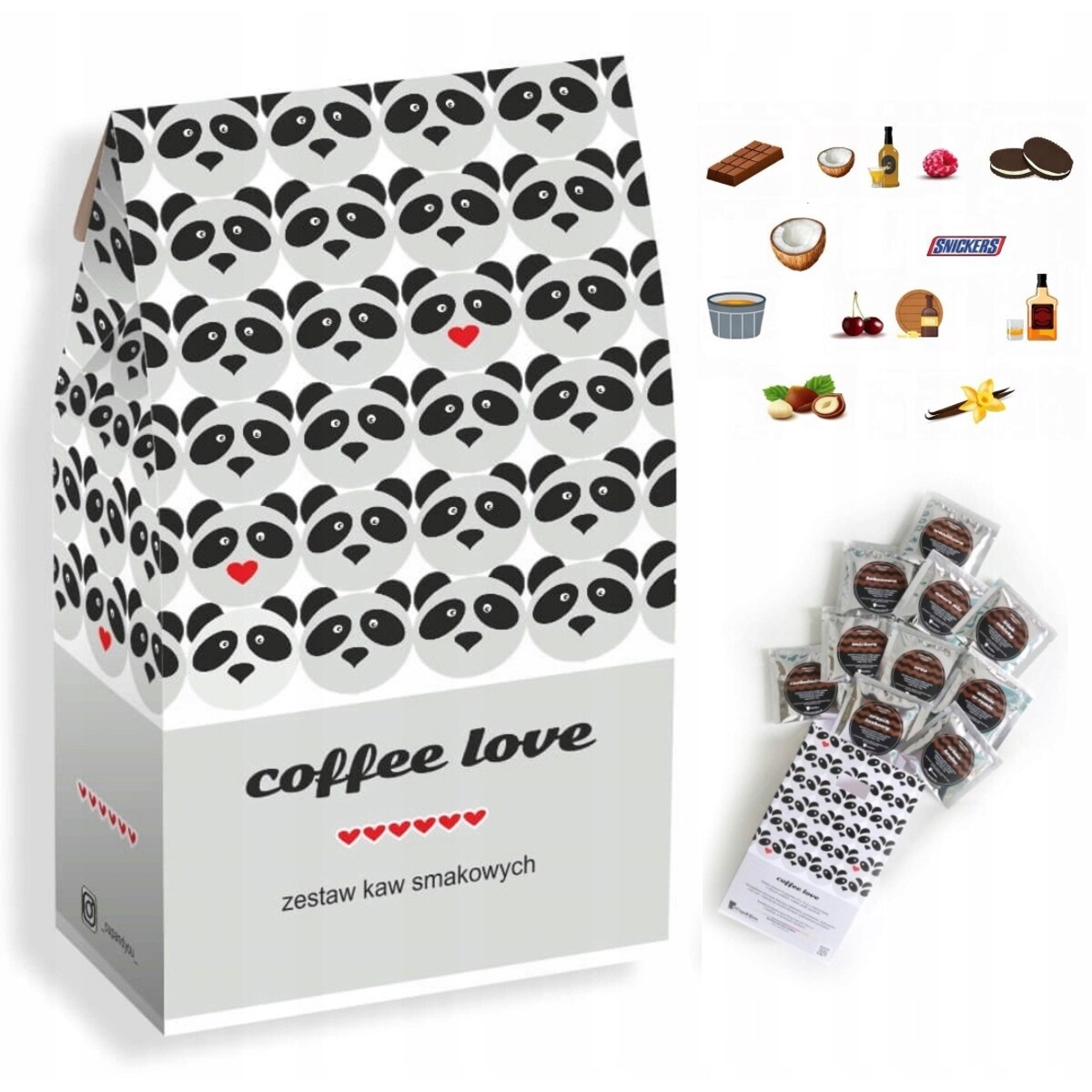 Zestaw prezentowy upominkowy "PANDA LOVE" - 10 smaków kaw deserowych - prezent upominek na walentynki dla chłopaka dziewczyny niej niego żony męża kobiety faceta mężczyzny narzeczonej