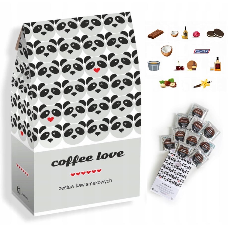 Zestaw prezentowy upominkowy "PANDA LOVE" - 10 smaków kaw deserowych - prezent upominek na walentynki dla chłopaka dziewczyny niej niego żony męża kobiety faceta mężczyzny narzeczonej
