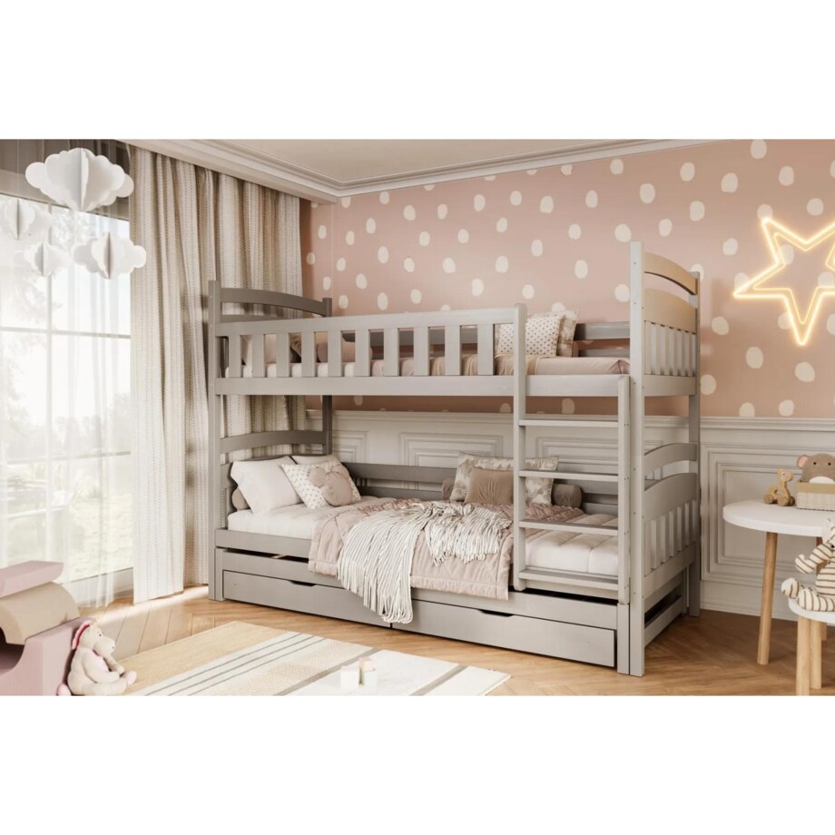 Łóżko piętrowe JULITA 180x80 szare drewniane trzyosobowe z szufladami