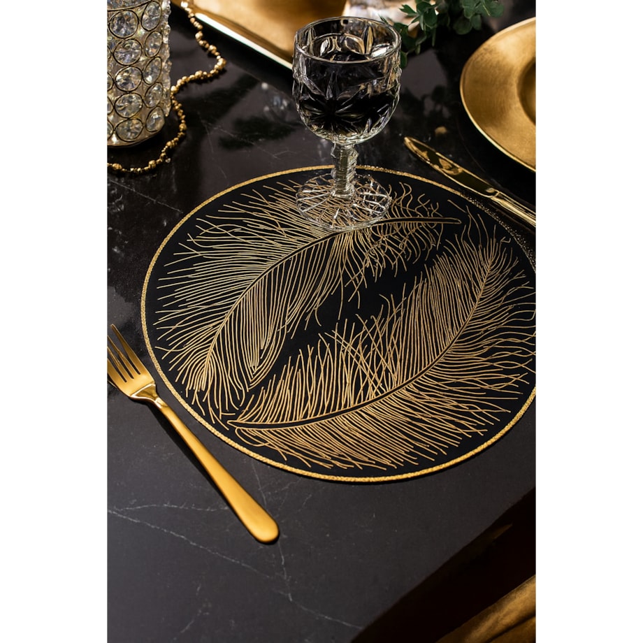 Podkładka dekoracyjna na stół "pióra" śr 38cm | czarny/złoto