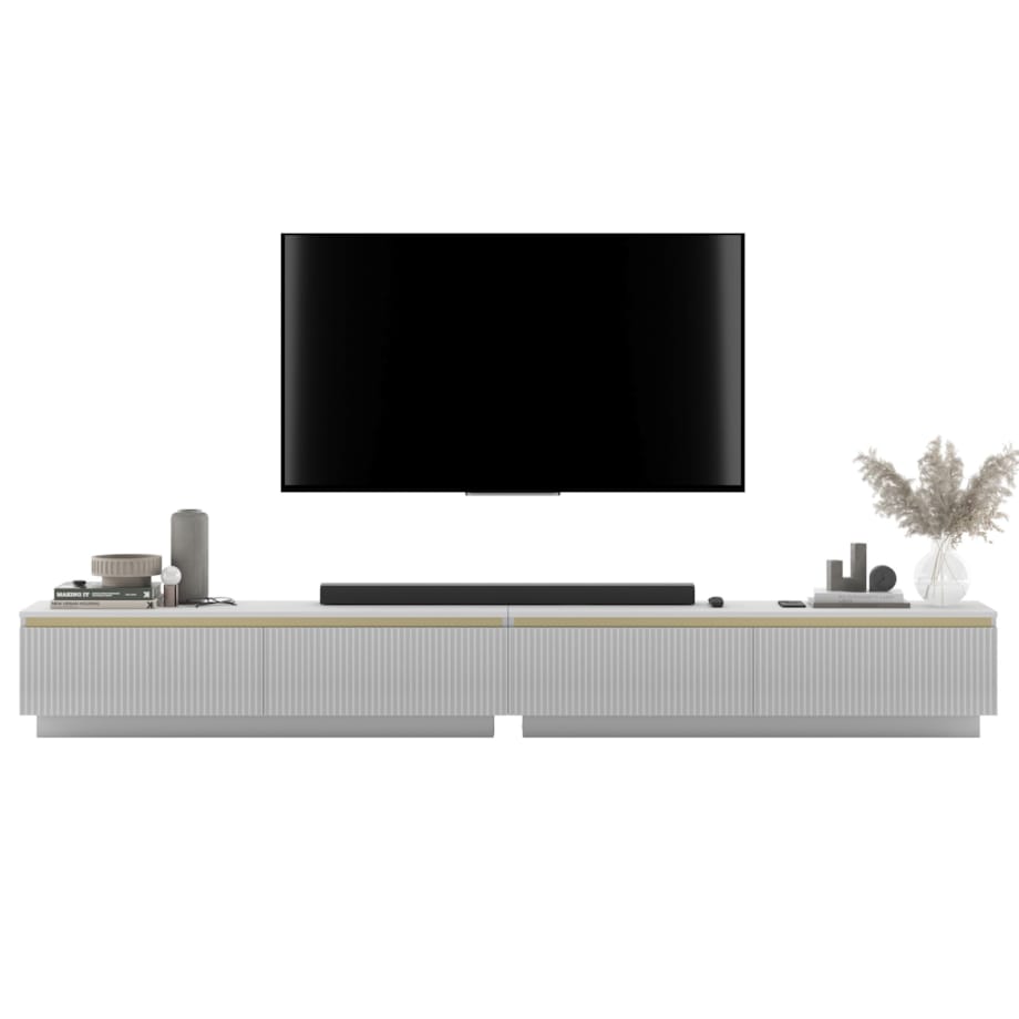 Nowoczesna Szafka RTV Glamour Komoda RTV Biały Mat 280 cm ryflowane fronty