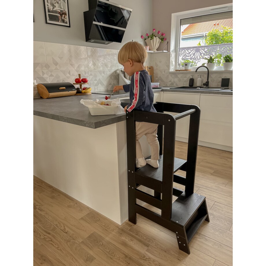 Kitchen Helper Drewniany Pomocnik Kuchenny dla Dziecka, Czarny-Naturalny