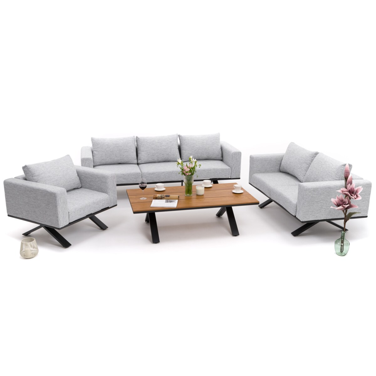 Meble ogrodowe nowoczesne luksusowe aluminiowe MARABELLA szaro drewniane