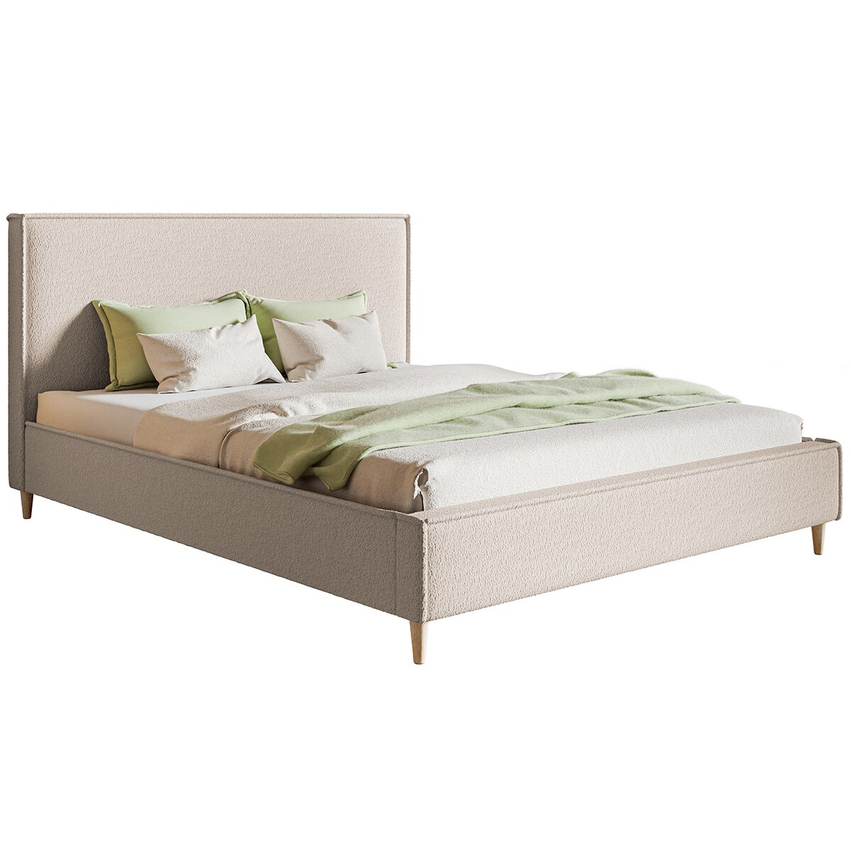 Łóżko tapicerowane 140x200 LUXO 8 na drewnianych nogach, boucle - beżowy