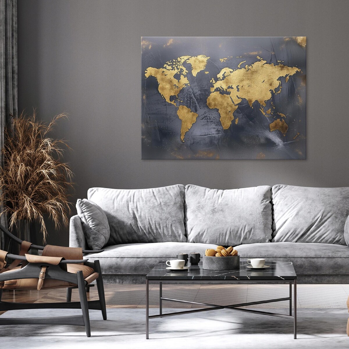 OBRAZ MAPA ŚWIATA CZARNY ZŁOTY NOWOCZESNY NA PŁÓTNIE ŚCIANĘ 60x40