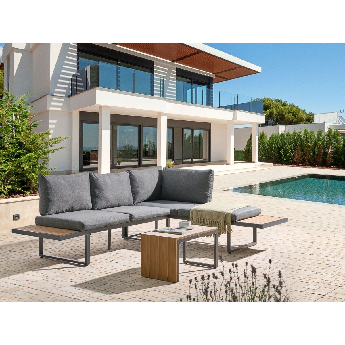 Narożnik ogrodowy ze stolikiem dla 4 osób PIENZA Prawostronny Jasny brąz/ szary