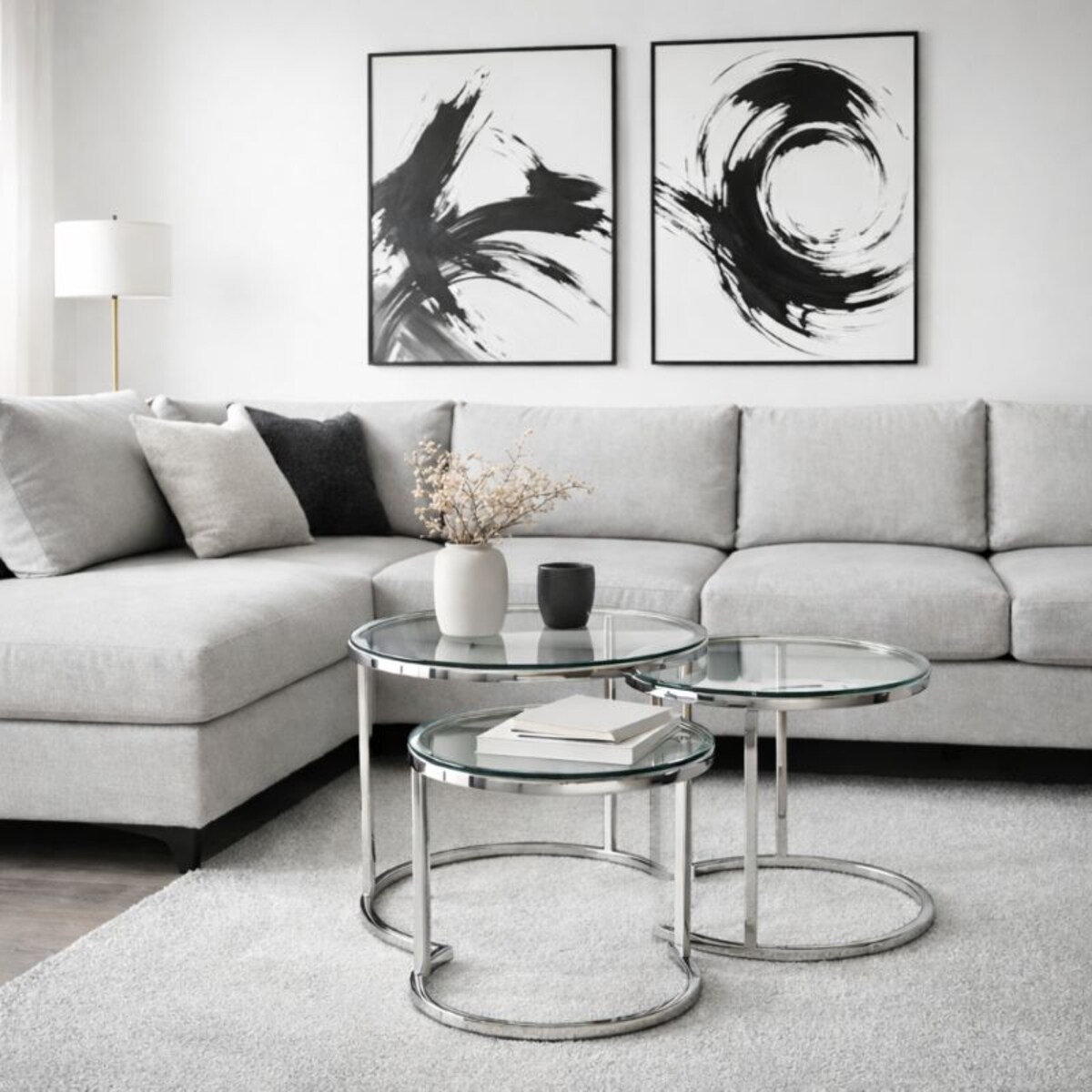 Zestaw 3 srebrnych stolików kawowych glamour do salonu AMBER SILVER