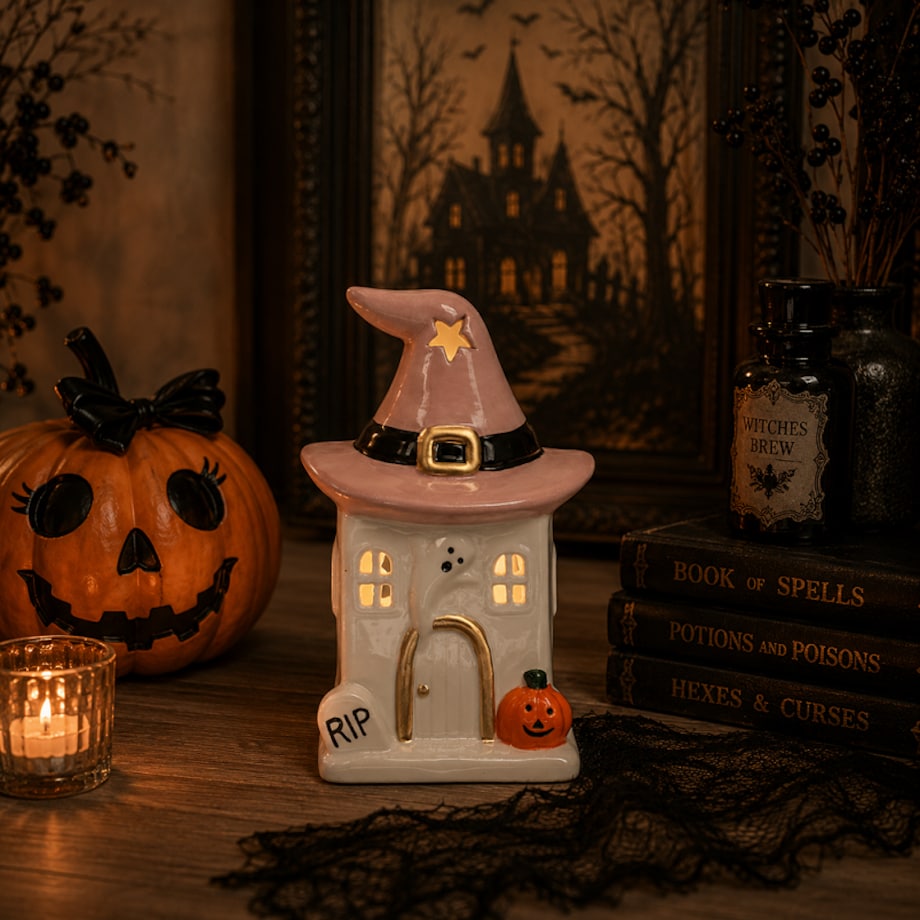 Dekoracja Halloween - domek ceramiczny na tea-lighty 20x13x11,5 cm RIP