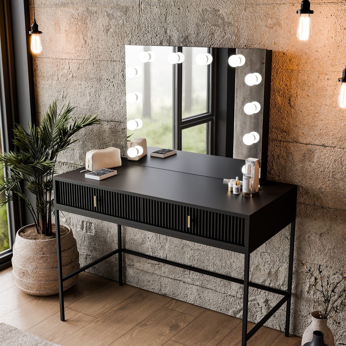 Toaletka MIDNIGHT ELITE z lustrem LED na stelażu, czarna