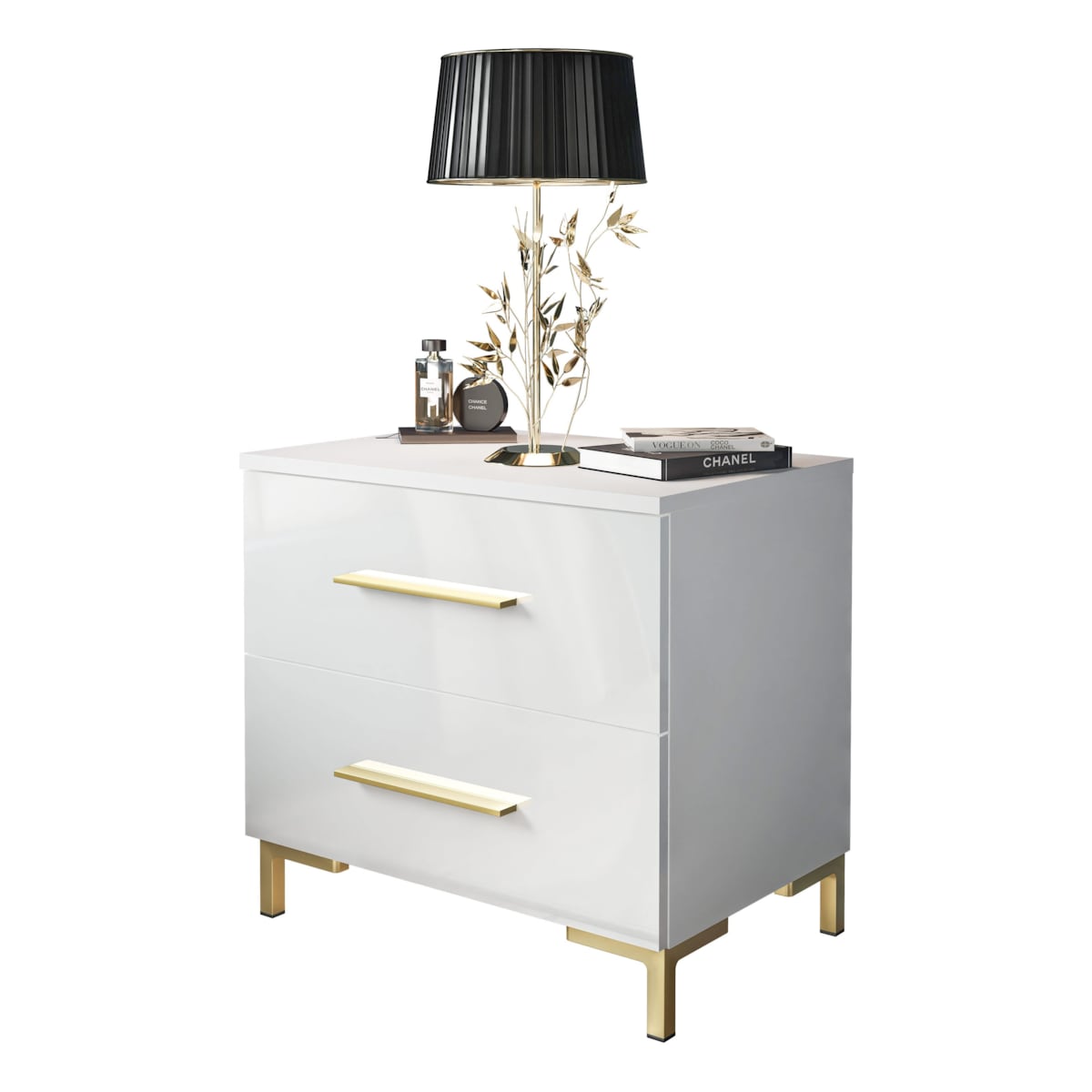 Lukmebel Szafka nocna LINA GOLD 55x37x52 cm, biały wysoki połysk