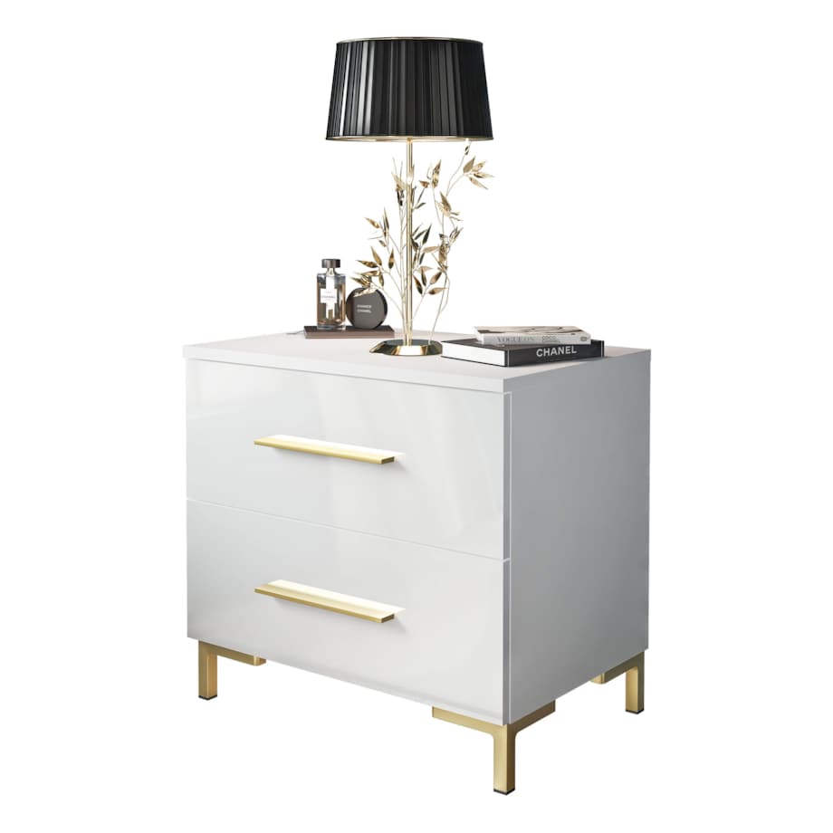 Lukmebel Szafka nocna LINA GOLD 55x37x52 cm, biały wysoki połysk