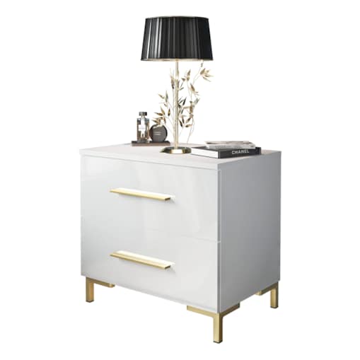 Lukmebel Szafka nocna LINA GOLD 55x37x52 cm, biały wysoki połysk