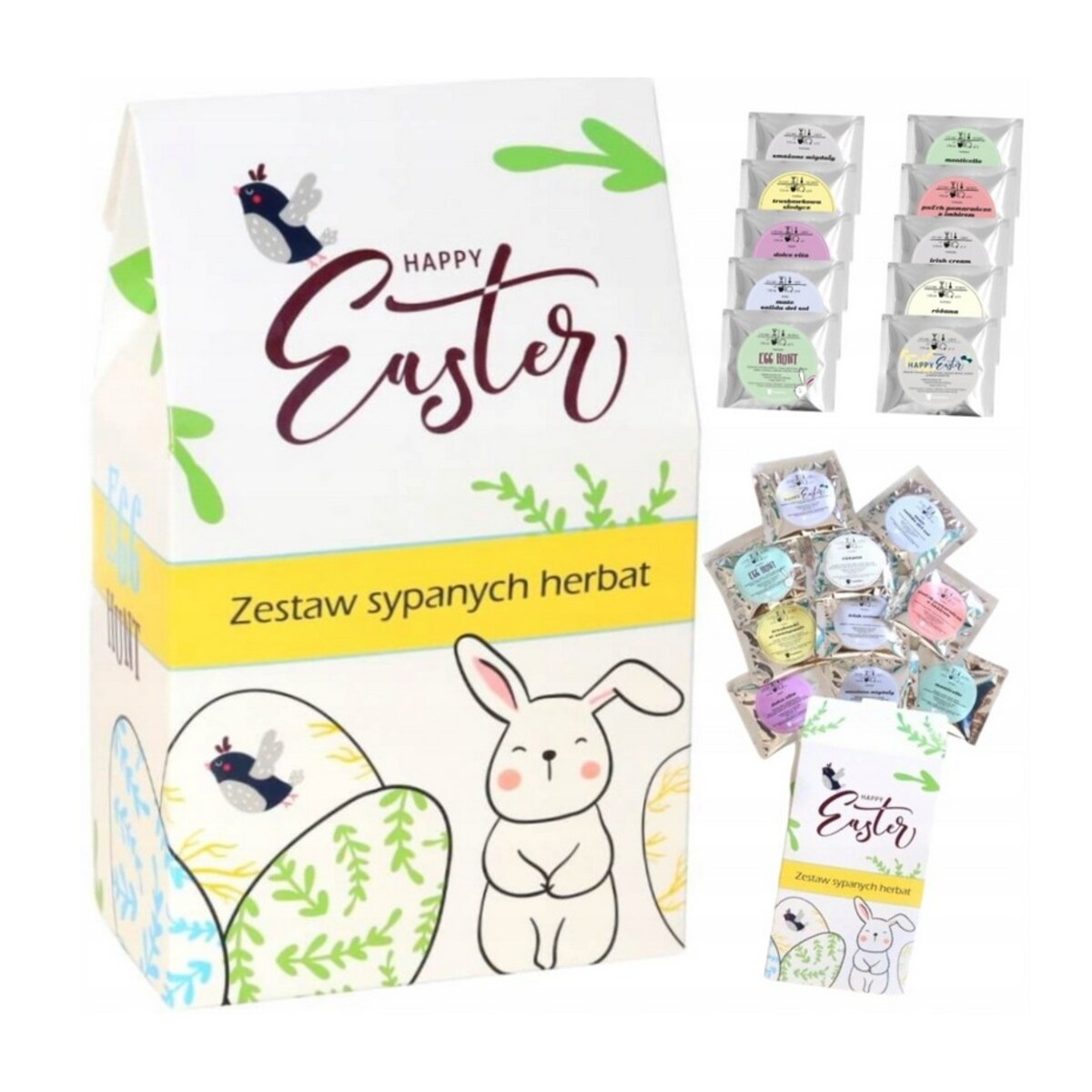 Zestaw herbat sypanych liściastych HAPPY EASTER 10 różnych smaków - prezent upominek paczka box na Wielkanoc Zajączka dla kobiety faceta