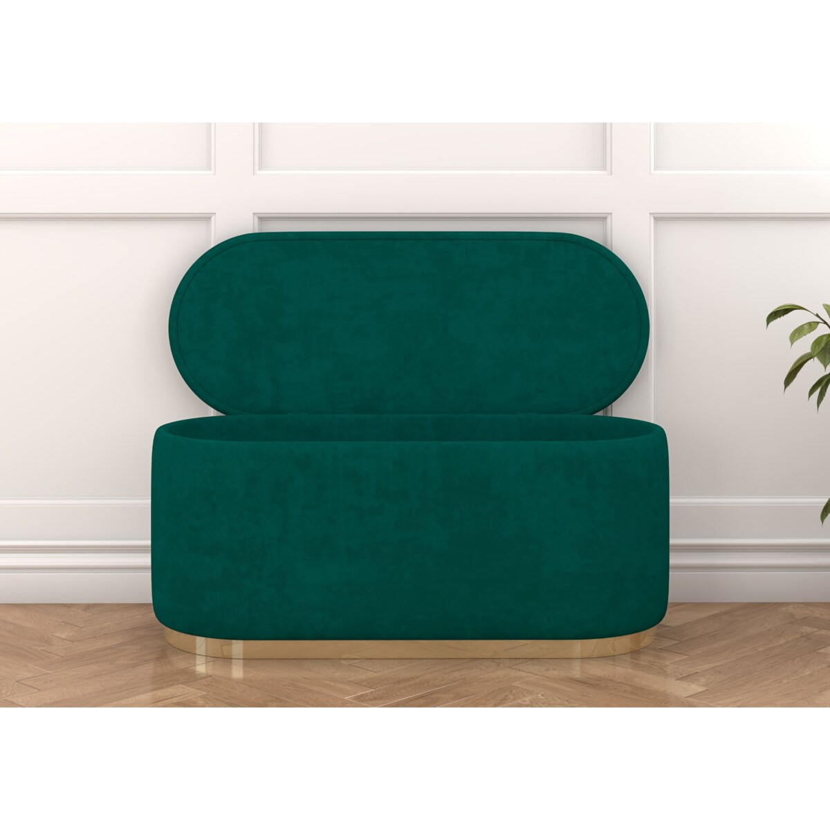 Tapicerowany owalny puf ze schowkiem Dancan SCARLETT na złotej podstawie / szer. 110 cm / zielony