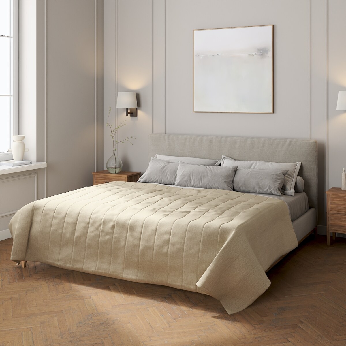 Narzuta pikowana w pasy 200x210 szaro-beżowy szenil